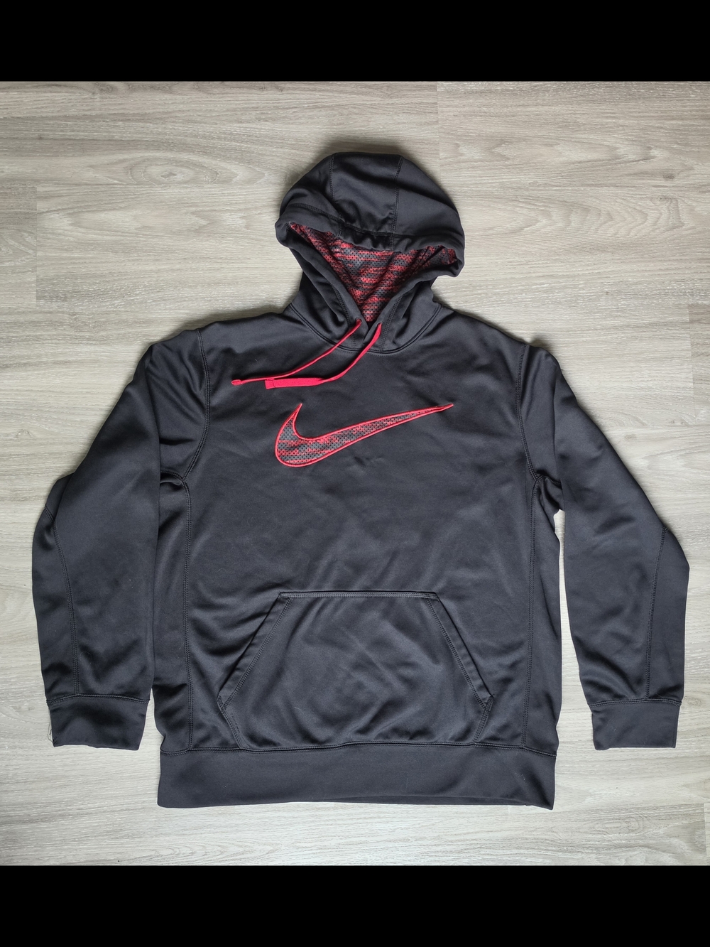 Nike Black Pullover Hoodie with Red Swoosh and Red Lined Hood